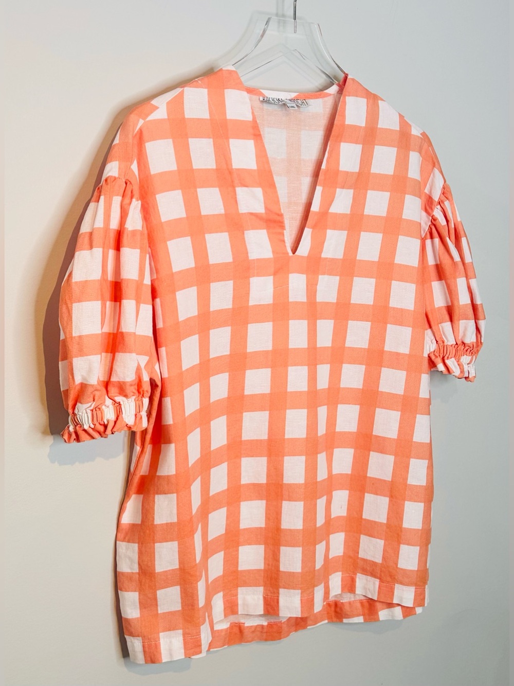 Brooke Wright Orange White Gingham V-Neck Puff Sleeve Tunic Blouse Shirt Top - Picture 3 of 10